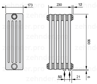 Схема (чертеж) Радиатор Zehnder Charleston 5090/5 №5510 Белый глянцевый RAL 9016
